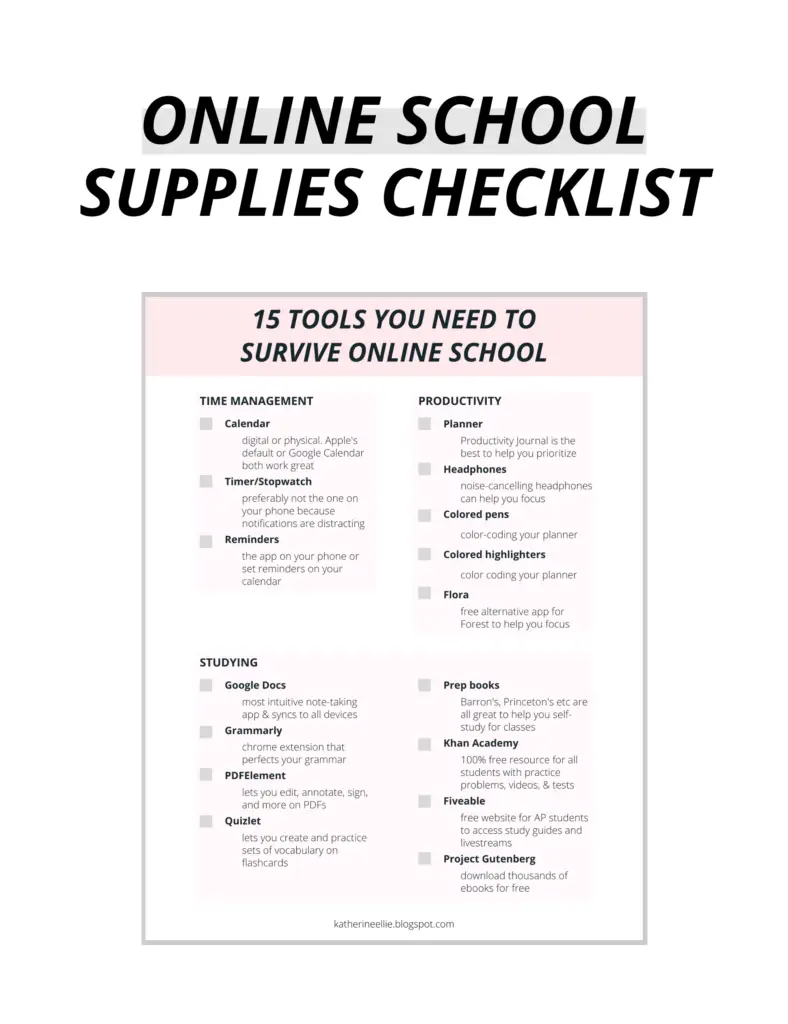 online school supplies checklist