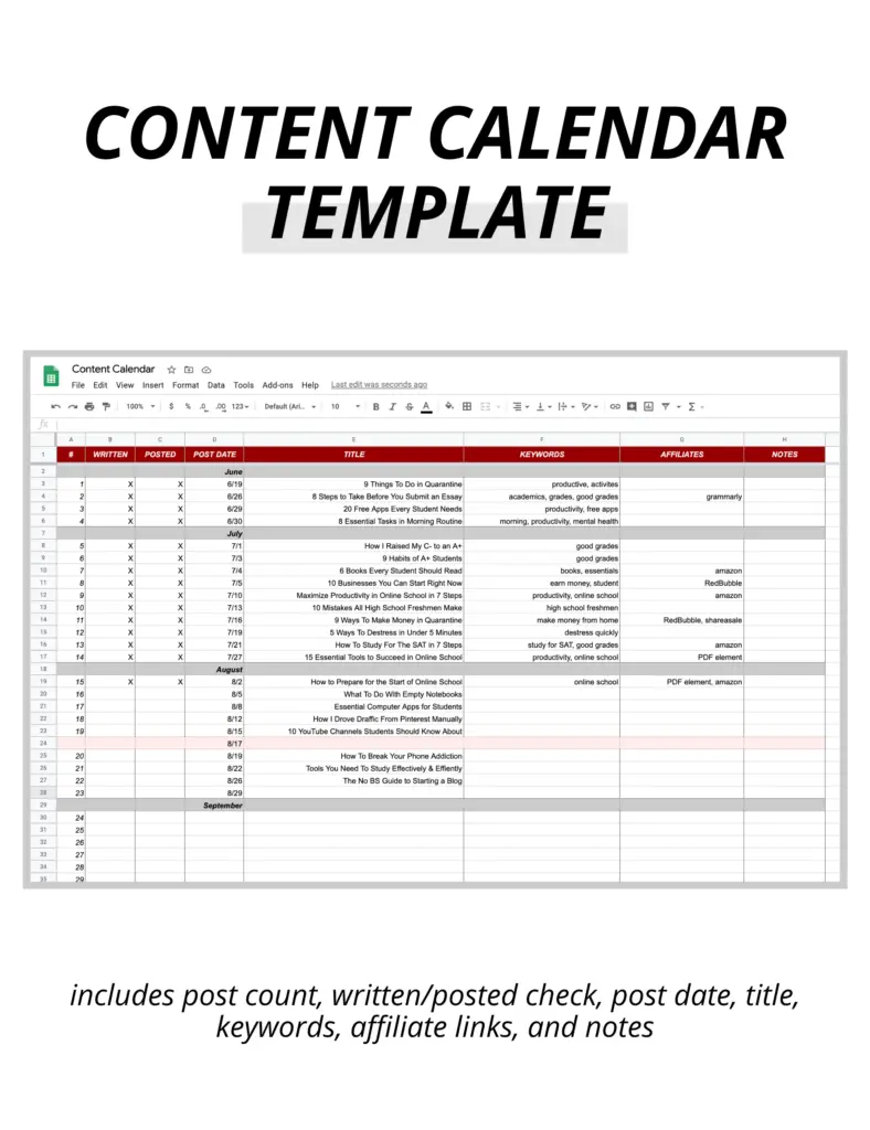 free content calendar template for blogging
