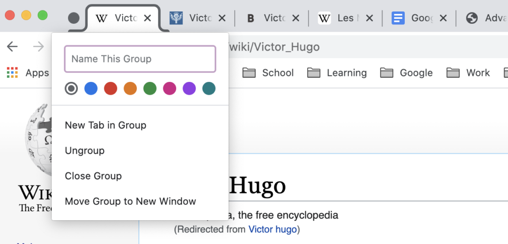 Use tab groups to stay organized in online school!